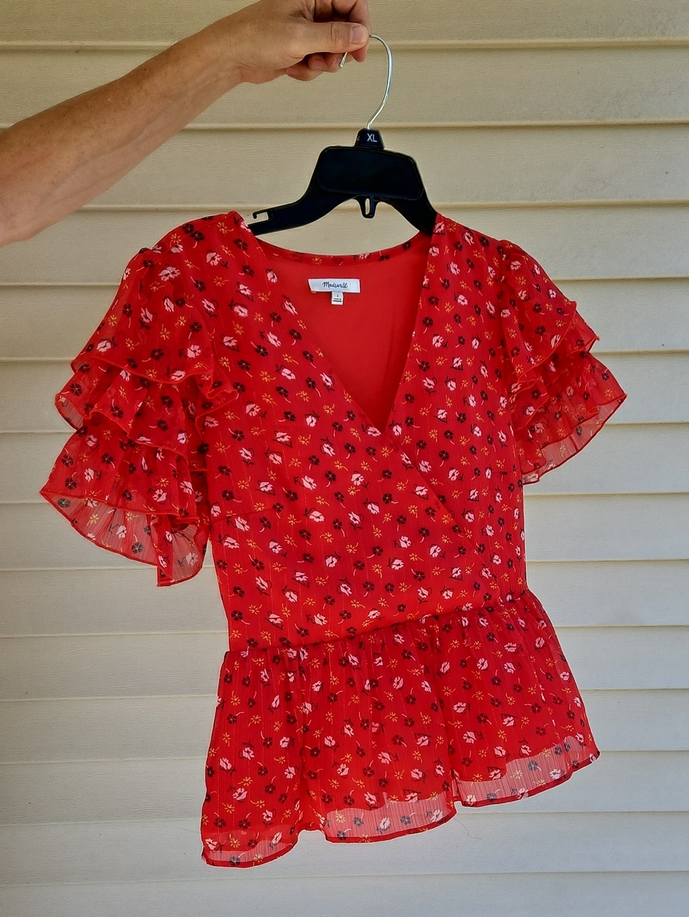 Madewell Wrap Top Red Floral Flutter Short Sleeve Top